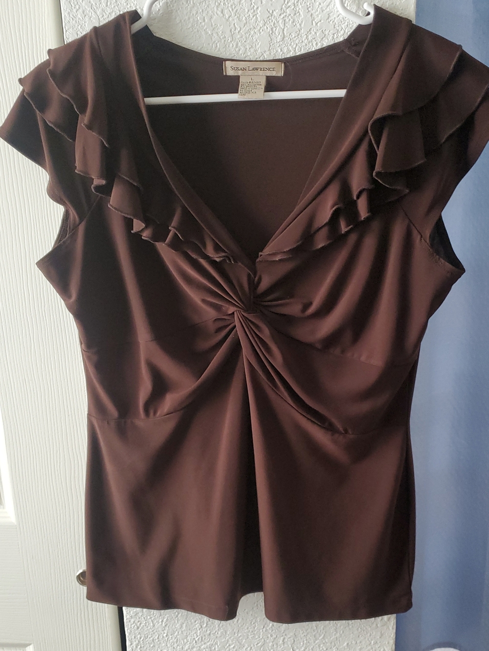 Susan Lawrence Chocolate Brown Ruffle Knot Front Sleeveless Top